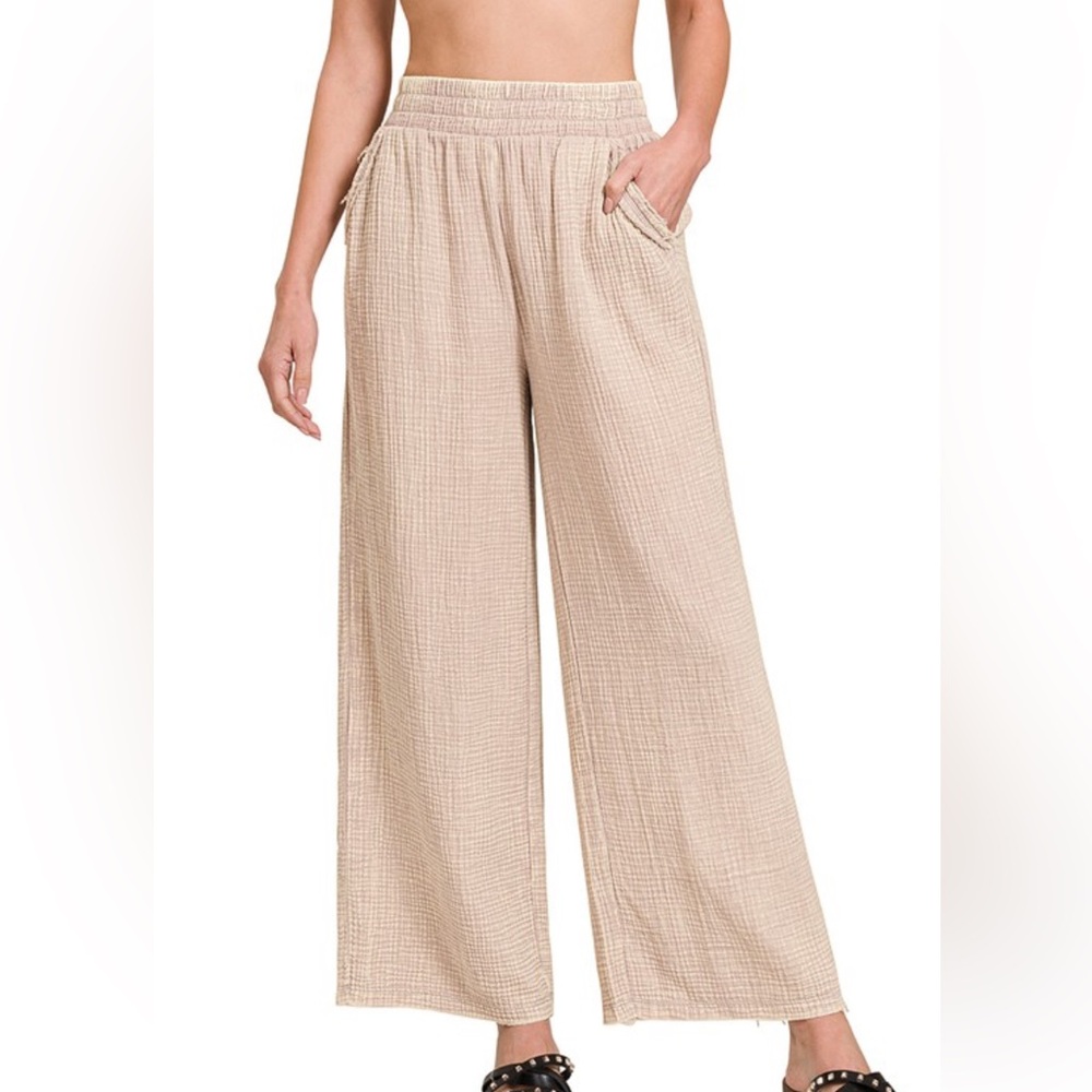 Washed Double Gauze Elastic Band Waist Pants|Ash Mocha